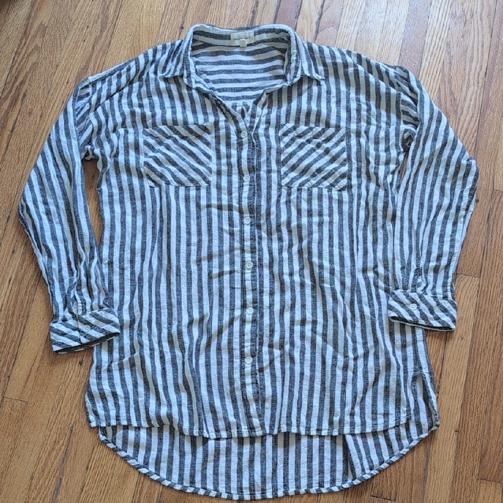 3 for $30: Women's Linen Striped Gray Shirt - Size Medium